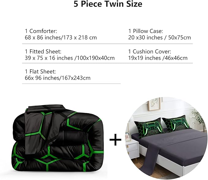 5 Pieces Gaming Bedding Set for Boys Gamer Comforter Set Twin Size,Video Game Comforter for Kids Teen 3D Gaming Geometric Microfiber Bedding Sets 5 Pieces Bed in A Bag Sets H50021,Twin