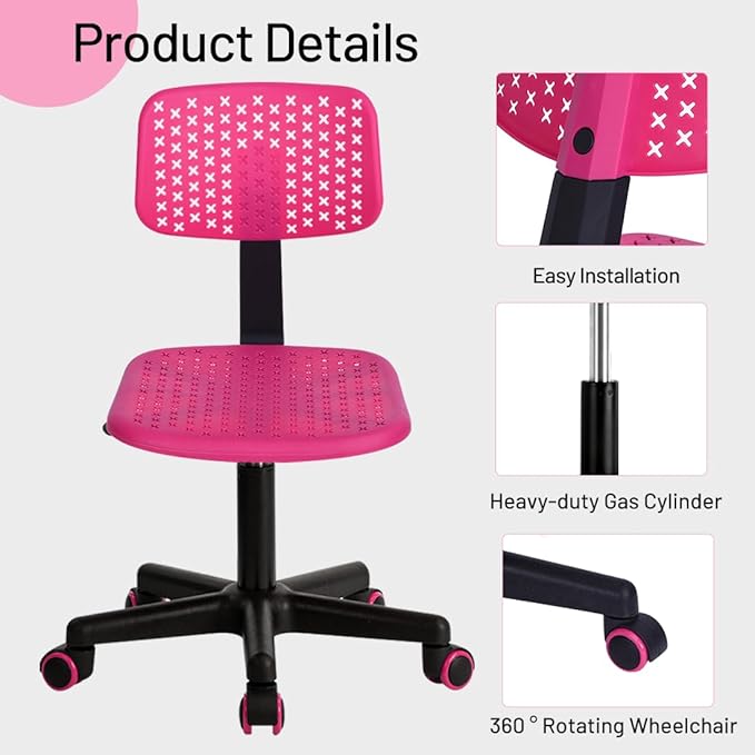 Desk Chair Armless Cute Office Chair, Low Back Rolling Home Office Task Chair Adjustable Swivel Study Chair for Girls Teens Adults Children Kids, Pink