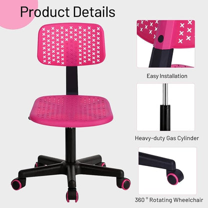Desk Chair Armless Cute Office Chair, Low Back Rolling Home Office Task Chair Adjustable Swivel Study Chair for Girls Teens Adults Children Kids, Pink