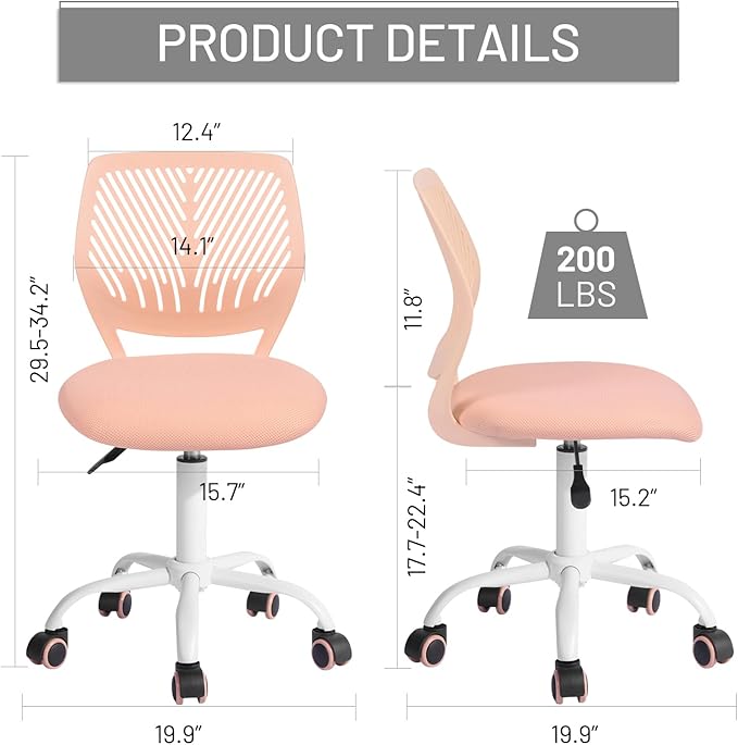 FurnitureR Desk Chair Small Study Chairs Armless for Child Kids Teens, Swivel Rolling Lightweight Task Chair with Wheels and Mesh Padded Cushion, Orange Rose