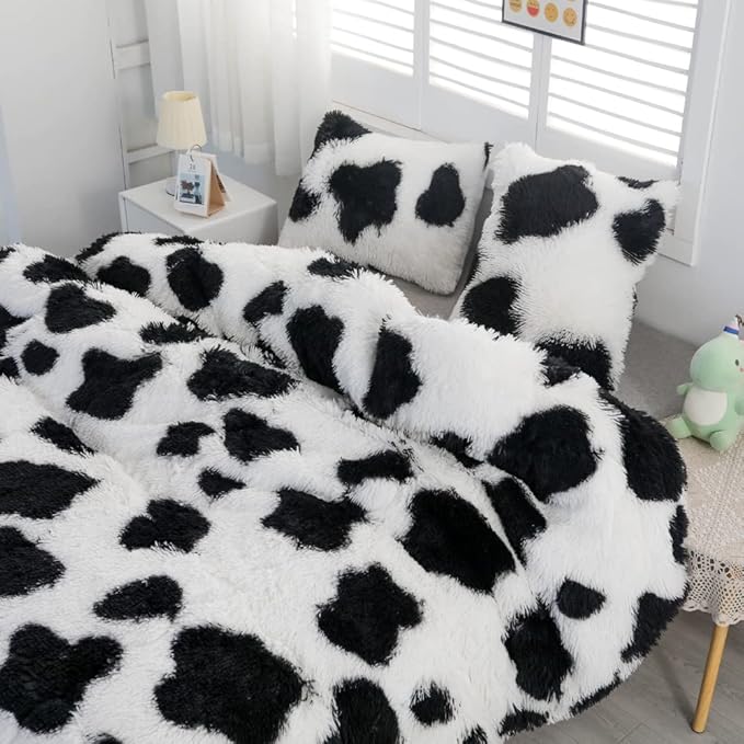 Faux Fur Kids Girls Cow Print Comforter Sets Queen - 3PC Bed Set Warm Comfortable Soft Plush Flannel Velvet Fluffy Fuzzy Bedding（Comforter x 1 Pillowcases x 2）