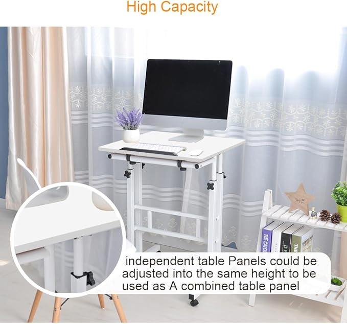 DlandHome Mobile Standing Desk Stand Up Desk Rolling Desk, Stand Sit Desk Mobile Computer Desk Adjustable Standing Desk 23.6inches Table Workstation Mobile Desk Cart Tray White
