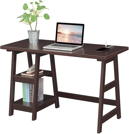 Convenience Concepts Designs2Go Trestle Desk with Charging Station and Shelves, Espresso
