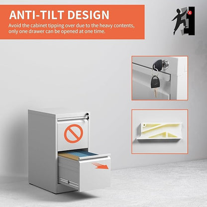 2 Drawer File Cabinet with Lock, Metal Vertical Filing Cabinets for Home Office, Steel Storage Cabinet for Hanging Legal/Letter Size Files, Assembly Required (White)