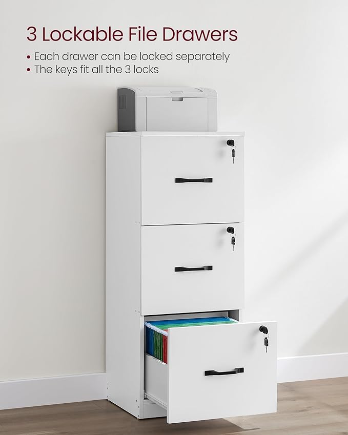 VASAGLE 3-Drawer Vertical File Cabinet, Filing Cabinet for Home Office, Printer Stand, with 3 Lockable Drawers, Adjustable Hanging Rail, for A4 and Letter-Size Files, Cloud White UOFC055W14