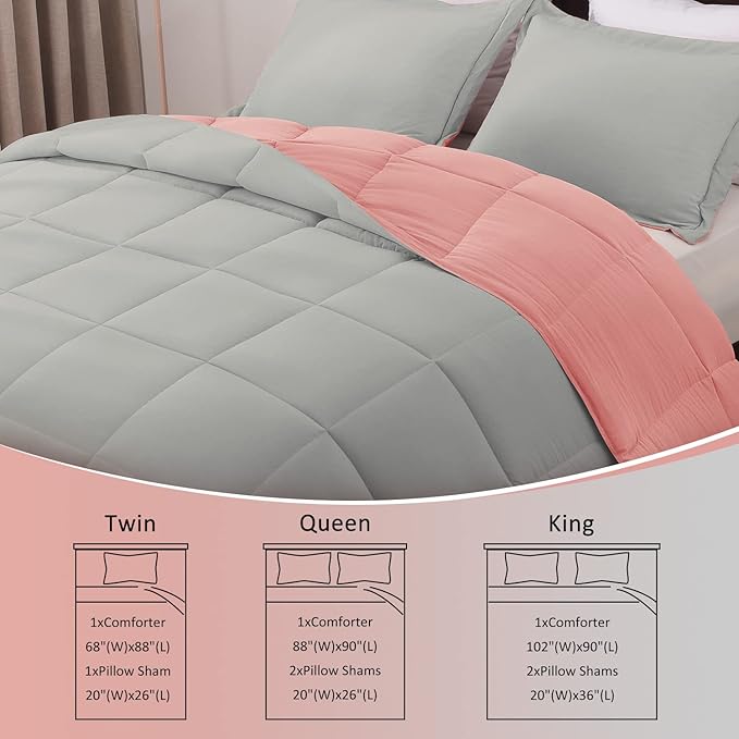 Basic Beyond King Size Comforter Set - Fluffy King Bed Comforter Set for All Seasons - Reversible Pink and Grey Comforter Set King - 3 Pieces (1 Comforter + 2 Pillow Shams)