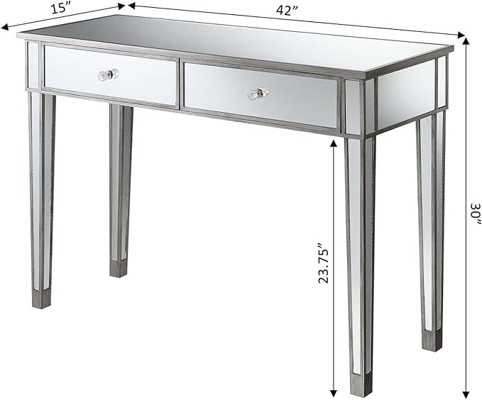 Convenience Concepts Gold Coast Mirrored Desk 42" - Console Table with 2 Drawers for Storage in Living Room, Office, Antique Silver/Mirror