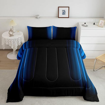 Geometric Abstract Ombre Comforter Set Kids Teens Blue and Black Striped Bedding Bed Set Decor Modern Fashion Comforter Inner Fill Bedroom Collection 3Pcs Full Size