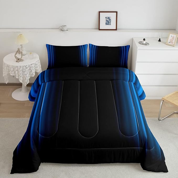 Geometric Abstract Ombre Comforter Set Kids Teens Blue Black Striped Bedding Bed Set Decor Modern Fashion Comforter Collection 3Pcs King Size Boys