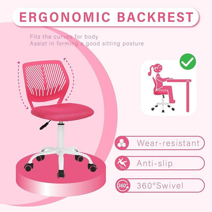 FurnitureR Teens Girls Task Chair 360 Swivel, Low Mid PP Mesh Back Fabric Seat, Height Adjustable, Rolling Castor, W15.7inces x D15.2inces x H29.5-34.2inches (Pink)