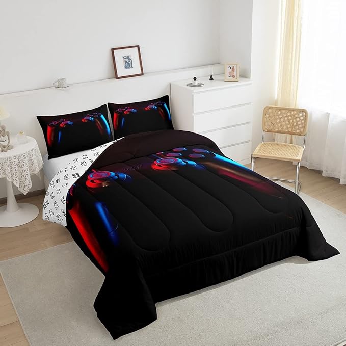 Gamer Comforter Set for Boys Girls Man Gaming Bedding Set,Black Gamepad Home Decor Player Video Game Duvet Insert Teens Kids 3 Pieces 1 Down Comforter with 2 Pieces Pillowcases(Full Size,All Season)