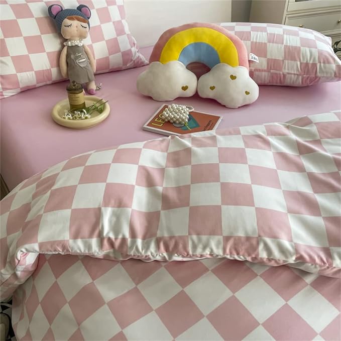 Wellboo Pink White Plaid Comforter Sets Queen Women Men Bean Pink and White Checkerboard Grid Bedding Comforters Cotton Boys Girls Modern Dusty Pink Checkered Geometric Quilts Luxury Abstract Bed