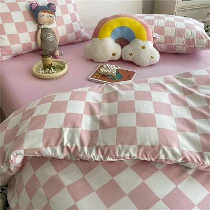 Wellboo Pink White Plaid Comforter Sets King Women Men Bean Pink and White Checkerboard Grid Bedding Comforters Cotton Boys Girls Modern Dusty Pink Checkered Geometric Quilts Luxury Abstract Bed
