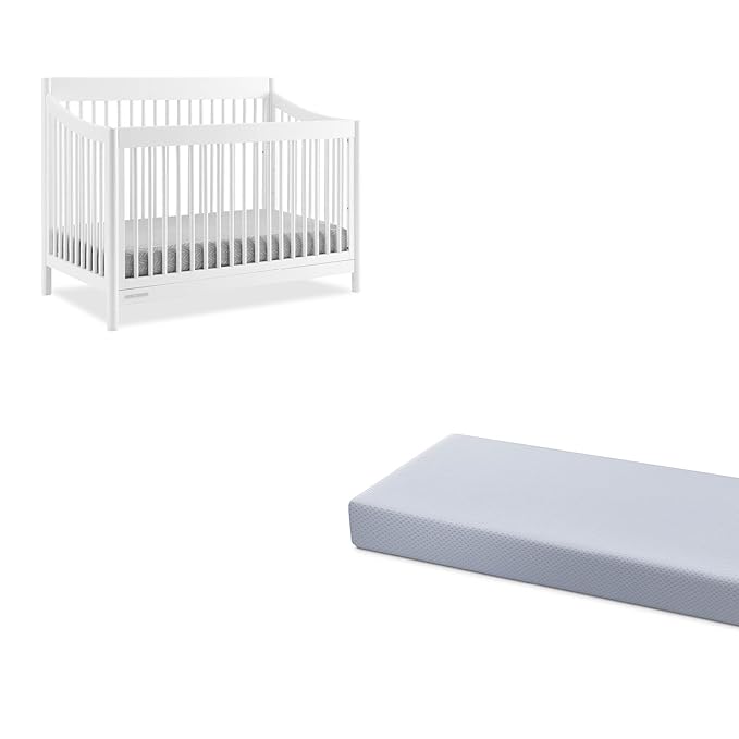 Delta Children Brooks 6-in-1 Convertible Crib, Bianca White + Simmons Kids Quiet Nights Breathable Crib Mattress with Removable/Machine Washable Cover (Bundle)