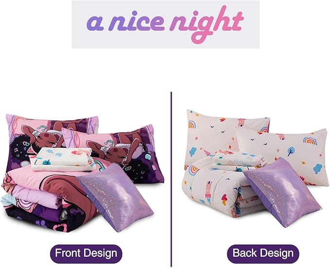 A Nice Night Purple Comforter Sets,Black Girl Listening Music Printed, 6Pcs Bed in A Bag Twin Size All Seasons Bedding Set,for Kids, Girls