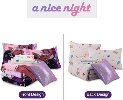 A Nice Night Purple Comforter Sets,Black Girl Listening Music Printed, 6Pcs Bed in A Bag Twin Size All Seasons Bedding Set,for Kids, Girls