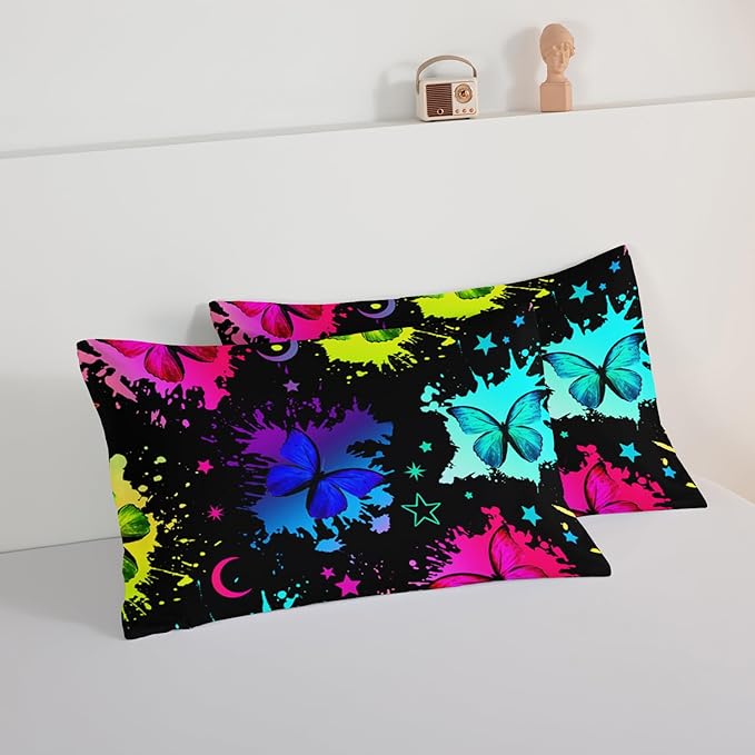 HOSIMA Colorful Butterfly Comforter Set for College Girls and Boys,3Pcs Bedding Set Colorful Ink Print Comforter with 2 Pillowcases,Star Moon Black Queen Comforter Set for All Seasons.