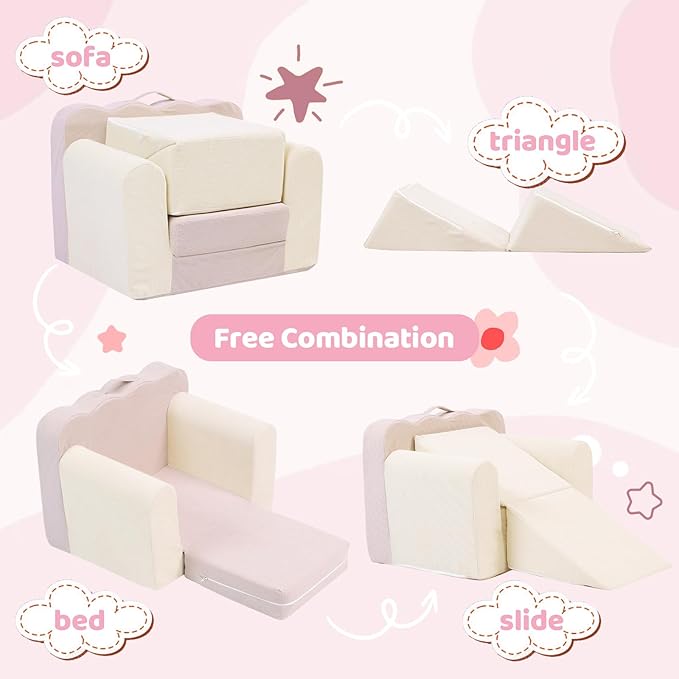 3-in-1 Toddler Chair Comfy Kids Sofa Chair,Toddler Couch Fold Out with Folding Ottomans,Foldable Baby Couch for Girls and Boys,Convertible Kids Chair Cozy to Lounger Pull Out for Playroom,Beige Pink