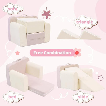 3-in-1 Toddler Chair Comfy Kids Sofa Chair,Toddler Couch Fold Out with Folding Ottomans,Foldable Baby Couch for Girls and Boys,Convertible Kids Chair Cozy to Lounger Pull Out for Playroom,Beige Pink
