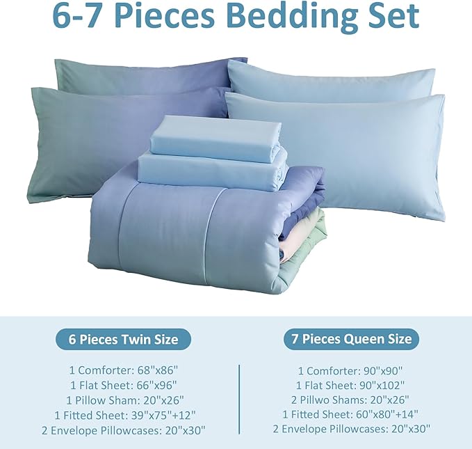 Dinjoy Girls Comforter Set Twin Size Colorful Rainbow Ombre Blue Green Pink Bedding Set Gradient 6 Pieces Bed in A Bag for Kids Teen Girl Women(1 Comforter, 1 Flat Sheet, 1 Fitted Sheet)