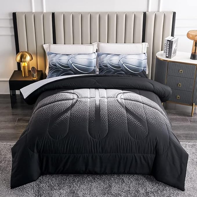 Teen Boy Comforter Set Queen,Basketball Bedding Set for Kids Boys Teens,Black and Grey Sports Comforter Queen with 2 Pillowcases,Basketball Comforter Queen Size for Boys,All Season Use