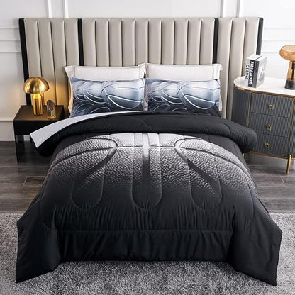 Teen Boy Comforter Set Queen,Basketball Bedding Set for Kids Boys Teens,Black and Grey Sports Comforter Queen with 2 Pillowcases,Basketball Comforter Queen Size for Boys,All Season Use