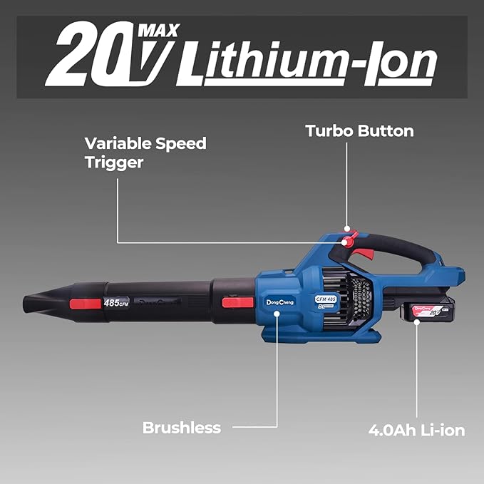 DongCheng Cordless Leaf Blower, 485 CFM Variable Speed & Turbo Mode, 3 Nozzles, Shoulder Strap, 4.0Ah Battery and Charger Included, Battery Powered Leaf Blower for Town Care, Patio and Blowing Leaves