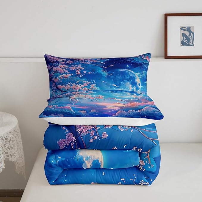Manfei Cherry Blossoms Comforter Set Full Size,Moonnight Cloud Starry Sky Bedding Set,Girls Women Room Decor,Sakura Flowers Chinese Style Down Comforter,Pink Blue Romantic Duvet Insert,2 Pillowcases