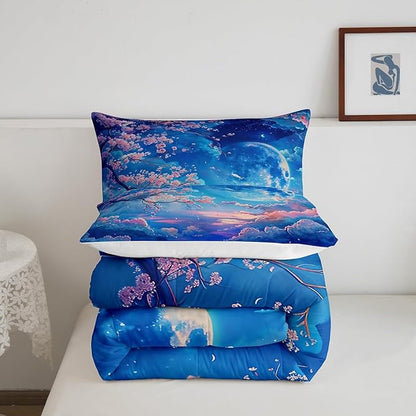 Manfei Cherry Blossoms Comforter Set Full Size,Moonnight Cloud Starry Sky Bedding Set,Girls Women Room Decor,Sakura Flowers Chinese Style Down Comforter,Pink Blue Romantic Duvet Insert,2 Pillowcases