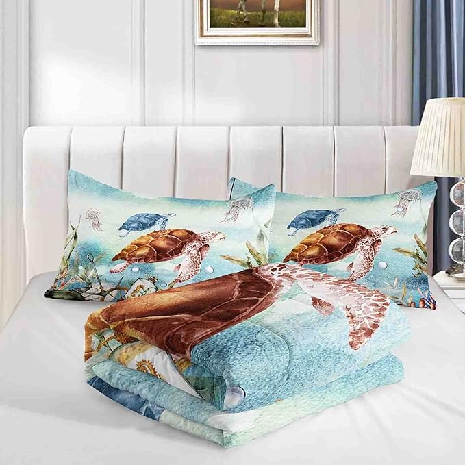 Datura home Sea Turtle Bedding Comforter Set for Boys Girls Teens Children Adults,Watercolor Sea Creatures Blue Ocean Theme Bedding Set with 1 Comforter and 2 Pillowcases(Turtle Full)