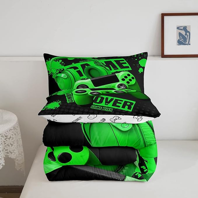 Gamer Comforter Sets for Boys Teens Gaming Comforter Twin Size Kids Youth Video Game Comforter Set Green Black Room Decor Headphone Gamepad Bedding Set Reversible Quilt Set for All Season 2Pcs