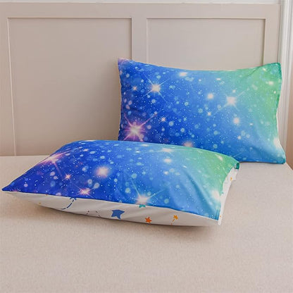 Holawakaka Kids Space Star Glitter Comforter Set Ombre Blue & Green Print Gradient Bedding Set Twin Size(Blue Green, Twin)