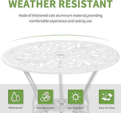 Bistro Set 3 Piece Outdoor Cast Aluminum Patio Bistro Set with Umbrella Hole, All Weather Bistro Table and Chairs Set, Small Patio Furniture Set for Garden, Porch,White