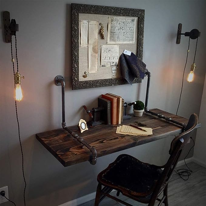 Industrial Retro Pipe Wall Mounted Office Desk Rustic Hanging Table Solid Wood Computer Table Floating Shelves for Home Office Dual-Purpose Table Layout Storage Table 31.5 inches