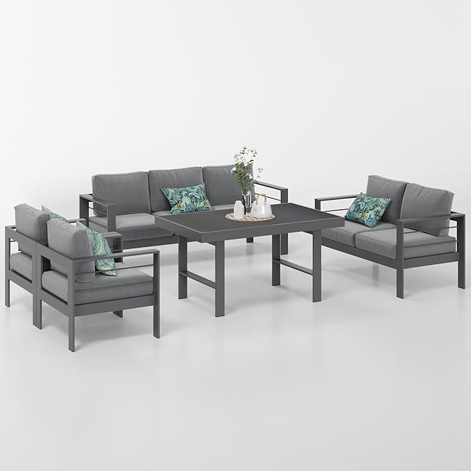 Solaste Aluminum Patio Furniture Set,5 Pieces Modern Outdoor Conversation Set Sectional Sofa with Upgrade Cushion and Dining Table, Grey