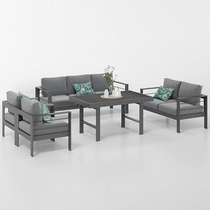 Solaste Aluminum Patio Furniture Set,5 Pieces Modern Outdoor Conversation Set Sectional Sofa with Upgrade Cushion and Dining Table, Grey