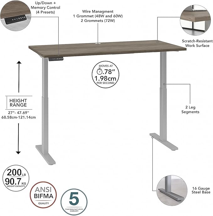 Bush Business Furniture M6S6030MHSK Move 60 27-Inch -48-Inch Adjustable Desk, Modern Hickory/Cool Gray Metallic