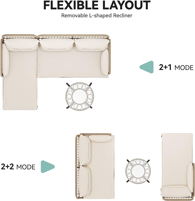 YITAHOME L-Shaped Patio Furniture Outdoor Loveseat Sectional Set for Backyard, Porch with Thick Cushions Detachable Lounger, Side Table (Light Brown+Beige)