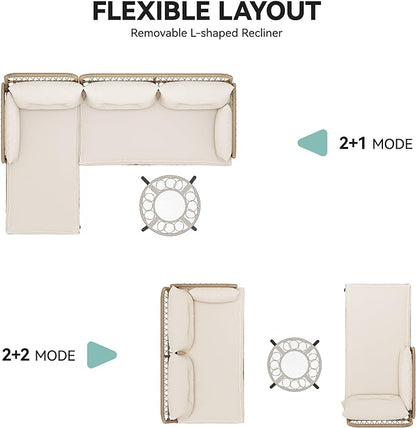 YITAHOME L-Shaped Patio Furniture Outdoor Loveseat Sectional Set for Backyard, Porch with Thick Cushions Detachable Lounger, Side Table (Light Brown+Beige)