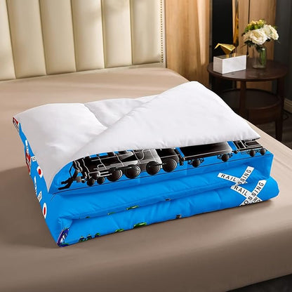 Feelyou Boys Train Twin Size Comforter Set Cartoon Car Toddler Bedding Set for Kids Teens Vintage Car Track Comforter Red Blue Black Decor Quilt Set Room 2Pcs