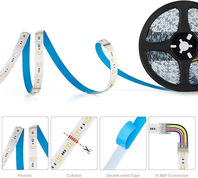 BTF-LIGHTING RGBCCT 5 Colors in 1 LED 5050SMD RGBWW RGB+Dimmable Tunable Color Temperature 2700K-6500K 16.4ft 60LEDs/m 300LEDs DC12V Multi-Colored Tape Lights IP30 White PCB(No Adapter or Controller)