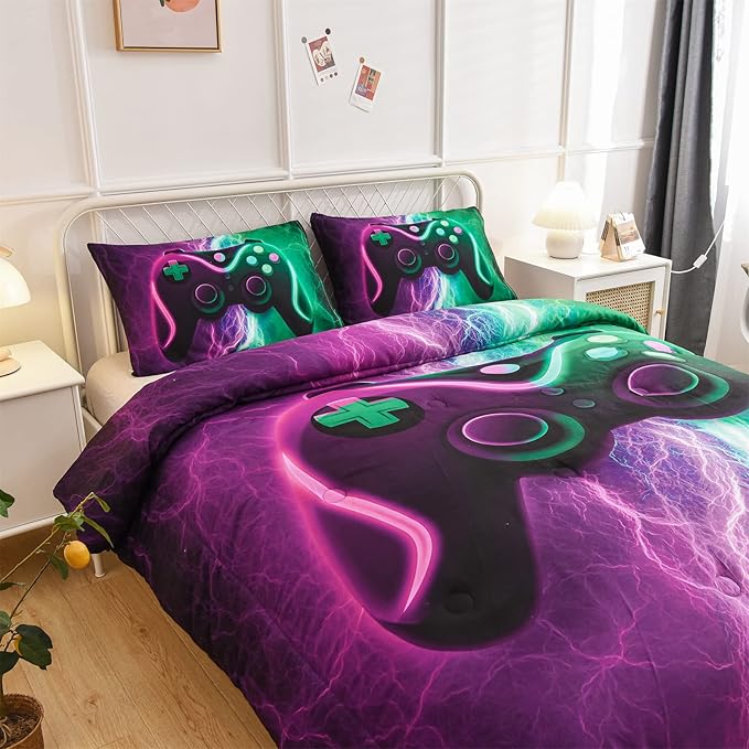 Meeting Story Gamer Comforter Sets for Boys Queen Size Tie Dye Lightnings Gamepad Bedding Set Games Console Action Buttons Novelty Colorful Modern Room Decor Home Quilt Set (Queen, Green-Purple)