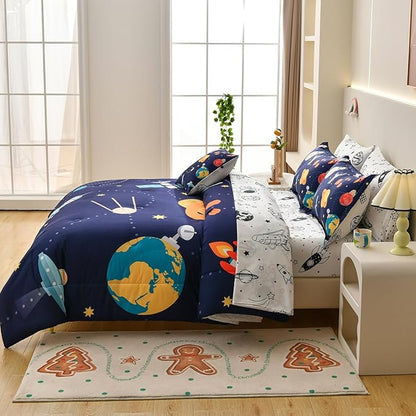 8 Piece Kid Comforter Set Twin Size Bed in a Bag, Space Rocket Bedding Set for Teen Boys Girls