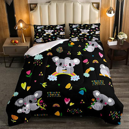 Erosebridal Koala Comforter Set, Kids Rainbow Bedding Set Queen Size Flower Love Heart Duvet Sets for Girls Boys Children Cute Animal Cartoon Down Comforter 3 Pieces with 2 Pillow Cases, Black