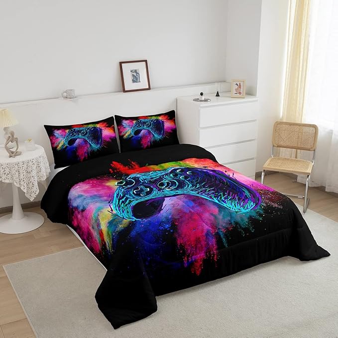 Erosebridal Teen Boys Gaming Full Size Comforter Sets Kids Gamer Bedding Set Girls Colorful Tie Dye Down Comforter Video Game Room Deocr Bed Set Navy Blue Gamepad Bedding Quilt with 2 Pillow Cases