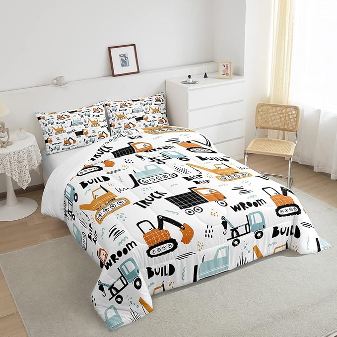 Feelyou Kids Cartoon Excavator Bedding Set Boys Vehicles Truck Car Comforter Child Cute Building Equipment Comforter Set Funny Construction Transport Duvet Set Colorful Room Decor Twin Size Boys