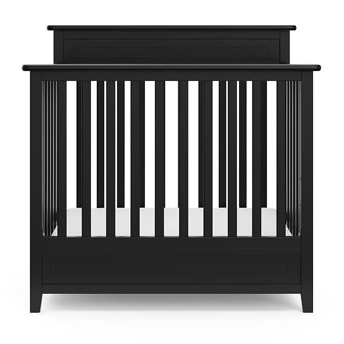 Storkcraft Petal 4-in-1 Convertible Mini Crib (Black) – GREENGUARD Gold Certified, Converts to Daybed and Twin-Size Bed, includes Bonus 2.75-inch Mini Crib Mattress