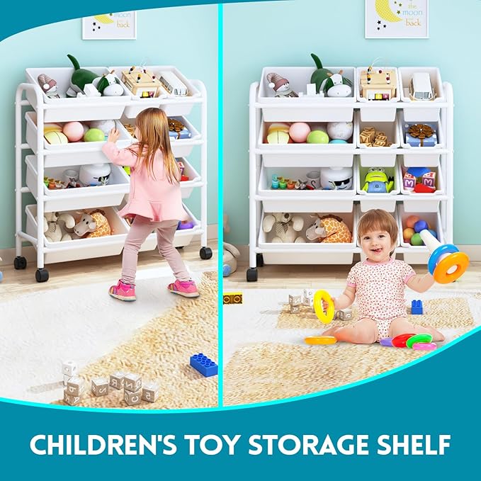 Kids Toy Storage Organizer with 12 Plastic Bins, 4-Tier Metal Toy Storage Rack, Metal Toy Organizer with Storage Bins for Kids Room, Playroom and Nursery, White