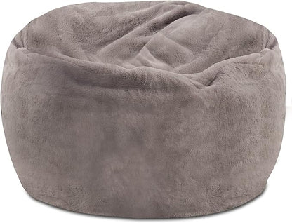 Posh Creations Structured Comfy Bean Bag Chair for Gaming, Reading, and Watching TV, 100in Round Classic Bean Bag, Rabbit Fur - Gray