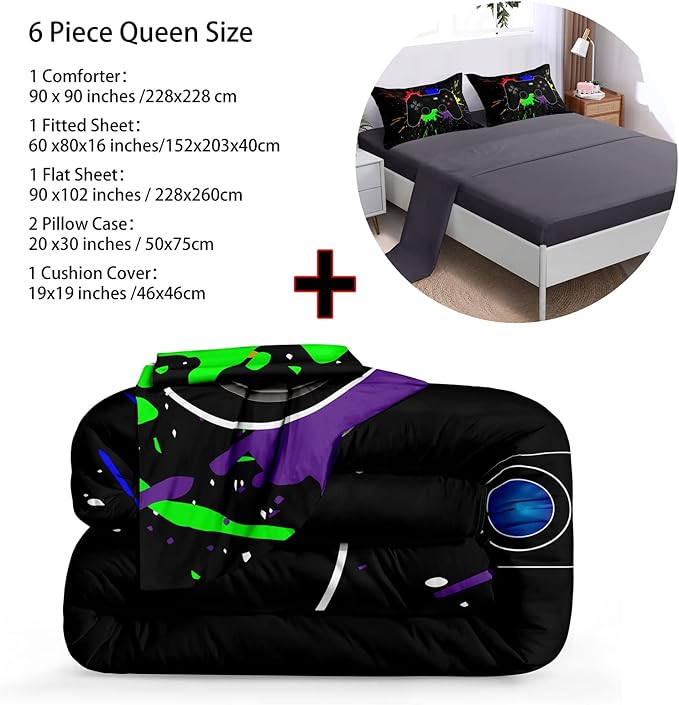 Boys Bed in a Bag Game Comforter Sets Queen Size,Video Game Controller Comforter for Boys Kids Adult 3D Gamepad Microfiber bed Set 6 Pieces Gaming bedding set 3001,Queen